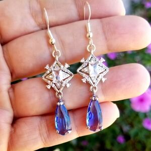 Sterling Silver Blue Sapphire Earrings, Blue Sapphire Art Deco Earrings